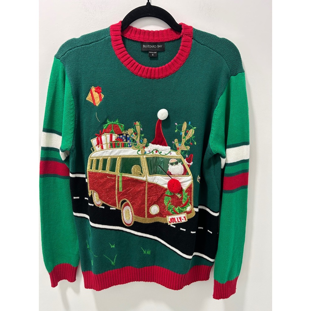 Blizzard Bay Christmas Sweater Green Red Santa Van 100% Cotton Small